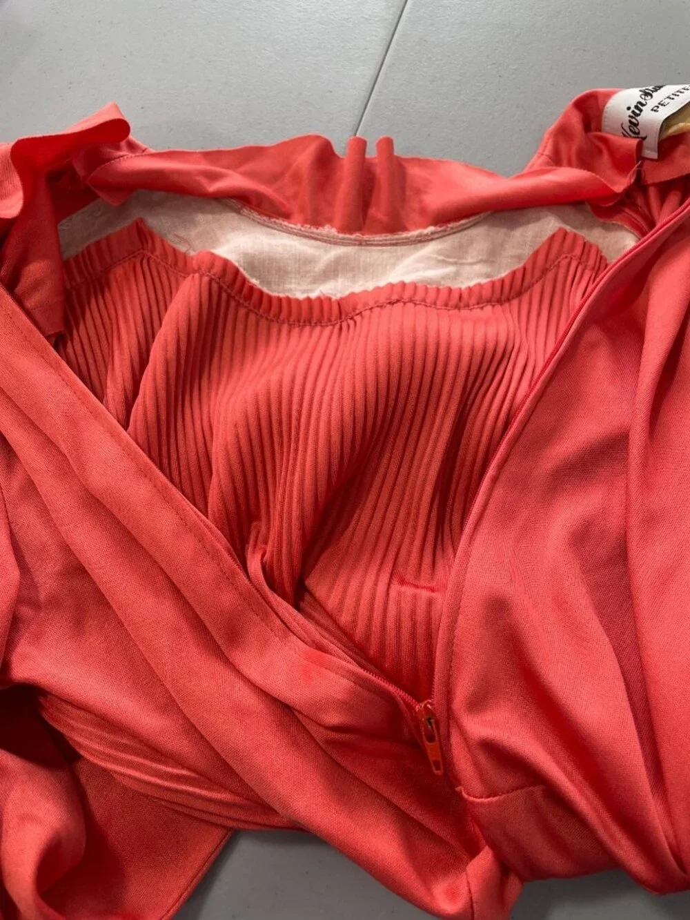 Vintage 70s Kevin Stuart Dress Size 6 Pleated Midi Tie Waist Long Sleeve Orange